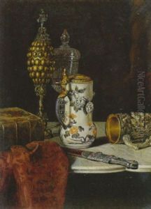 Stillleben Mit Altem Folianten, Fayencekrug, Traubenpokal, Glaspokal Sowie Humpen Und Messer by Max Schoedl