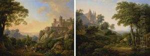 An Arcadian Landscape With A Gothic Church; An Arcadian Landscape With A Gothic Fortress: A Pair by Johann Nepomuk Schoedlberger
