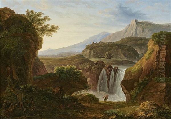 Italian Landcape With Waterfall And Staffage - view 1