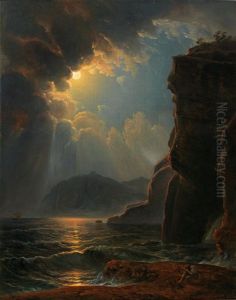 Rocky Coast In The Moonlight by Johann Nepomuk Schoedlberger