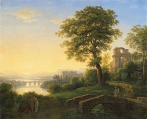Arkadische Landschaft Mit Schloss, Ruine Und Brucken (+ Arkadische Landschaft Mit Aufziehendem Gewitter; 2 Works) by Johann Nepomuk Schoedlberger