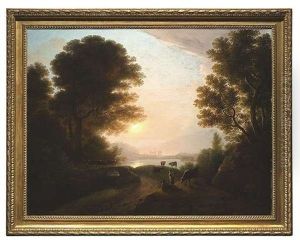 Abendliche Stimmung Am See. Ideallandschaft Mit Ruhenden Hirten Und Ihrer Herde by Johann Nepomuk Schoedlberger