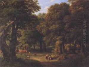 Waldlichtung Mit Bauernfamilie Und Weidendem Vieh by Johann Nepomuk Schoedlberger