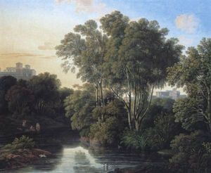 Idyllische Parklandschaft Mit Klassizistischen Bauten Und Badenden