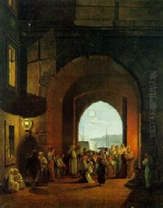 Abendliches Gebet In Einem Torbogen Mit Blick Auf Das Mondbeschienene Meer