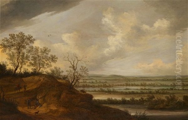 Panoramic River Landscape With Travellers And Riders - view 1