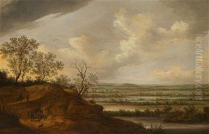 Panoramic River Landscape With Travellers And Riders