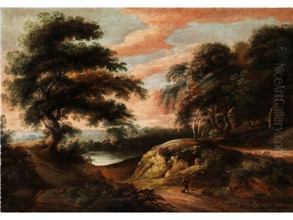 Hugelige Baumlandschaft Mit Wasserlauf Und Abendlichem Wolkenhimmel - view 1