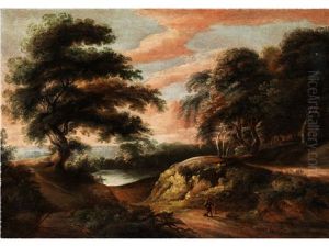 Hugelige Baumlandschaft Mit Wasserlauf Und Abendlichem Wolkenhimmel by Johannes Pietersz Schoeff