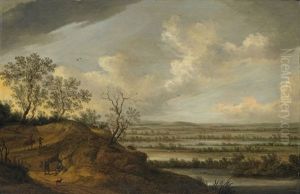 Weite Flusslandschaft Mit Wanderern Und Reiter by Johannes Pietersz Schoeff