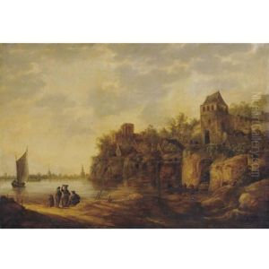 A River Estuary With Peasants On A Track, A Fortified Farmhouse Nearby And A Town Beyond by Johannes Pietersz Schoeff