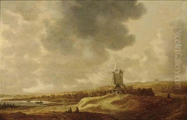 A Panoramic River Landscape With A Windmill And Travellers Resting In The Foreground - view 1
