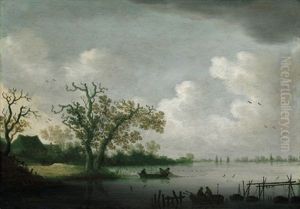 Hollandische Flusslandschaft Mit Bauernhausern Und Fischerbooten by Johannes Pietersz Schoeff