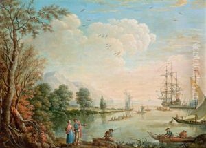 Kustenlandschaft Mit Einem Dreimaster, Mit Booten, Flosen Und Figuren