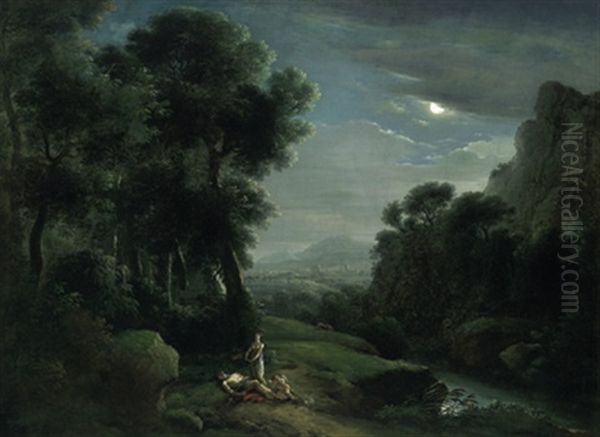 Bewaldete Flusslandschaft Bei Mondschein Mit Pyramus Und Thisbe - view 1