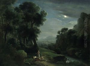 Bewaldete Flusslandschaft Bei Mondschein Mit Pyramus Und Thisbe by Lorenz Schoenberg