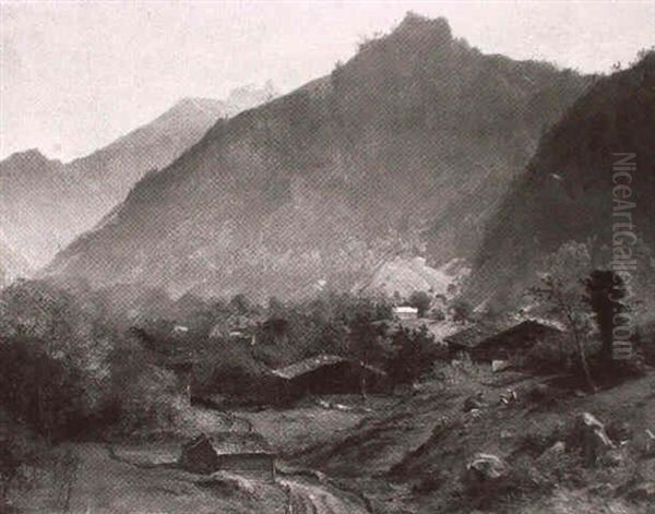 Schweizer Gebirgstal Mit Bauernhausern Und Kirchlein - view 1