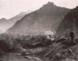 Schweizer Gebirgstal Mit Bauernhausern Und Kirchlein by Eduard Schoenfeld