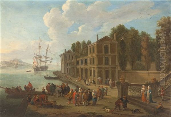 Pendants: Market In Front Of A Town Gate - Hustle And Bustle At The Pier - view 1