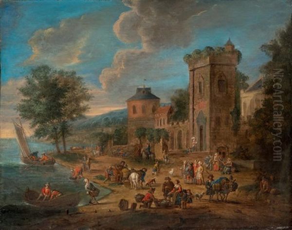 Scene De Marche Devant Une Eglise, Scene De Marche Au Bord D'un Fleuve (2 Works) - view 1