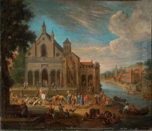 Scene De Marche Devant Une Eglise, And Scene De Marche Au Bord D'un Fleuve, (2 Works)