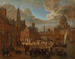 A View Of Town With Numerous Figures by Mathys Schoevaerdts