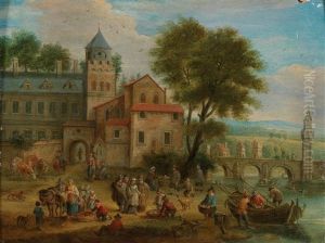Fishermen Unloading Their Catch By A River by Mathys Schoevaerdts