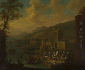 A Busy Riverside Port With Figures And Boat By The Quay by Mathys Schoevaerdts