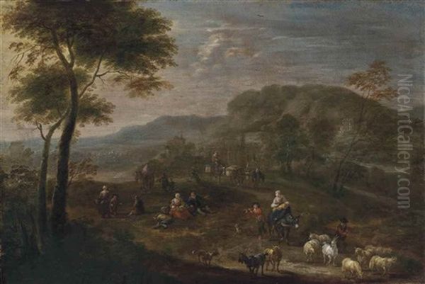 A Wooded Landscape With A Shepherd And Its Flock And Travellers On A Path - view 1