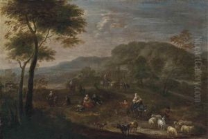 A Wooded Landscape With A Shepherd And Its Flock And Travellers On A Path by Mathys Schoevaerdts