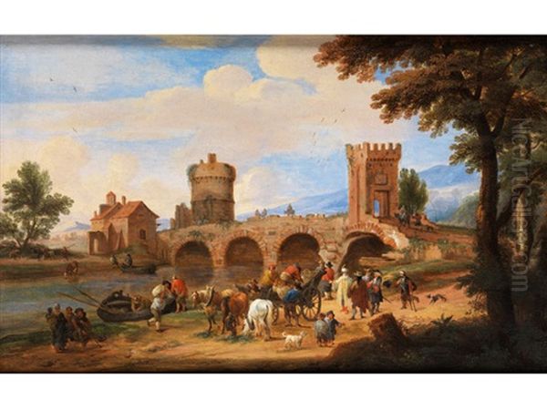 Italienisierte Flusslandschaft Mit Blick Auf Die Ponte Lucano Und Das Grab Der Plautii Bei Tivoli - view 1