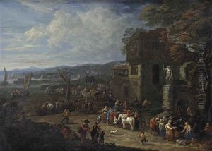 A Hilly River Landscape With Numerous Figures Near Classical Ruins, Boats Sailing Off Beyond by Mathys Schoevaerdts