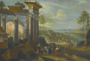 Extensive Landscape With Travellers Resting Amongst Classical Ruins by Mathys Schoevaerdts