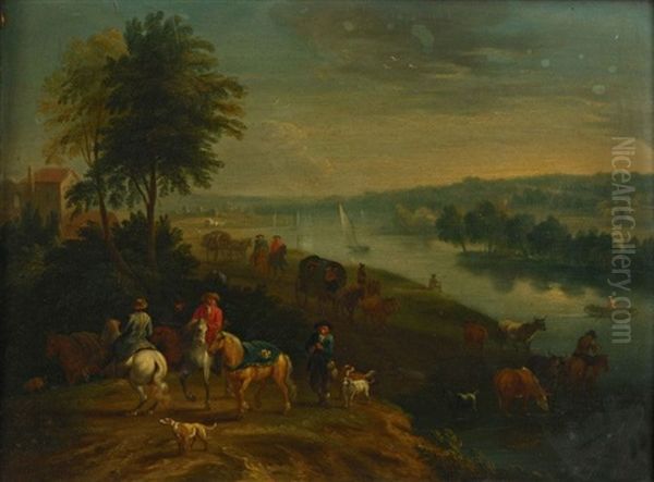 Cavaliers Et Charrettes Longeant Une Riviere - view 1