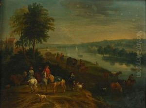 Cavaliers Et Charrettes Longeant Une Riviere