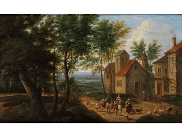 Flamische Baumlandschaft Mit Hausergruppe Und Ziehenden Hirten - view 1