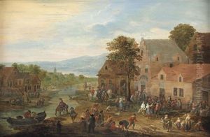 A Townscape With Fruit Vendors, Horsemen And Villagers Making Merry