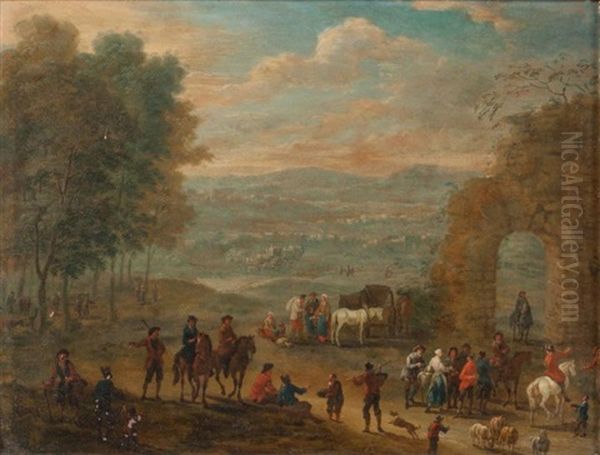 Cavaliers Et Paysans Pres D'une Porte En Ruine Et Entree D'un Village (pair) - view 1