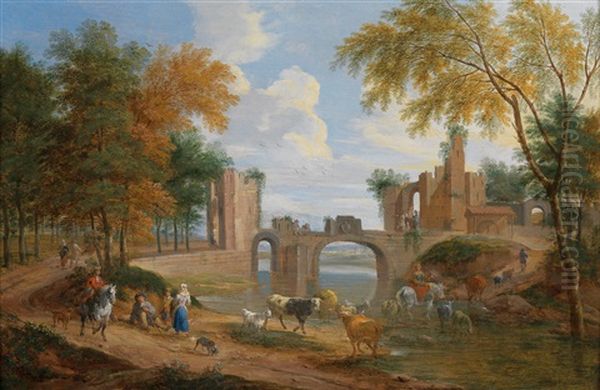 Flusslandschaft Mit Einer Brucke Und Bauern Mit Vieh - view 1