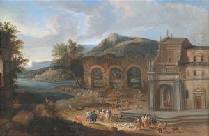 Fischmarkt Vor Einer Kirche Und Den Uberresten Eines Aquadukts An Einem Flusslauf