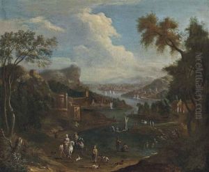 A River Landscape With Travellers On A Bank, Figures On Boats And A Settlement Beyond