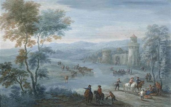 A River Landscape With Figures On Horseback And Cattle Outside A Walled Town - view 1