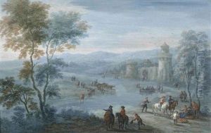 A River Landscape With Figures On Horseback And Cattle Outside A Walled Town