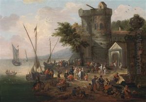 Eine Belebte Kustenlandschaft Mit Einer Befestigung Und Einem Hafen Im Hintergrund