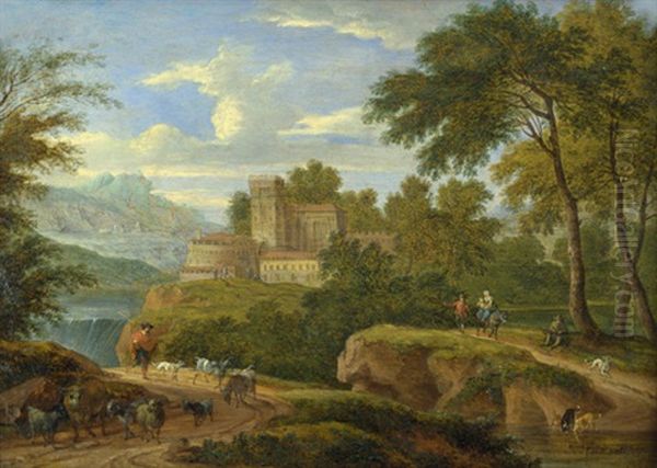 Sudliche Flusslandschaft Mit Castell Und Hirten Mit Seiner Herde - view 1
