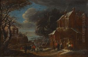 Personnages Dans Une Rue D'un Village Enneige