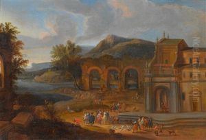 Fischmarkt Auf Dem Platz Vor Der Kirche Einer Sudlichen Stadt by Mathys Schoevaerdts