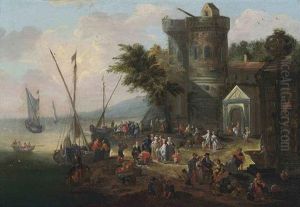 A Coastal Landscape With Elegant Company On The Shore, Shipping Beyond
