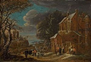 Personnages Dans Les Rues D'un Village Enneige
