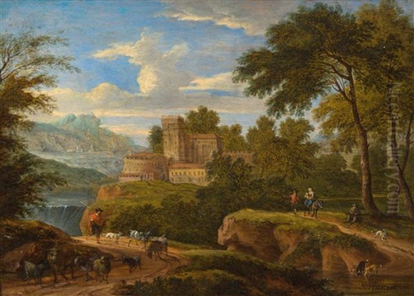 Paysage Mediterraneen Avec Betail Et Personnages - view 1